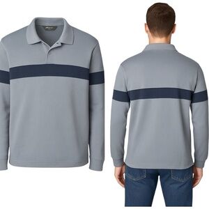 Eddie Bauer Men’s XXL Cotton Rugby Knit Long Sleeve Polo – Gray & Navy Stripe